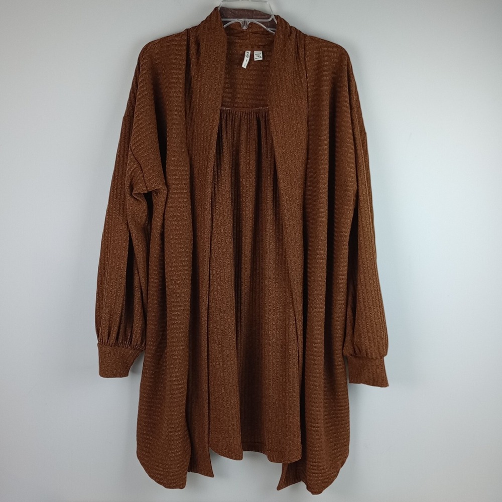 Cato Womens 18/20W Brown Ribbed Knit Open Front Long Sleeve Button Trim Cardigan